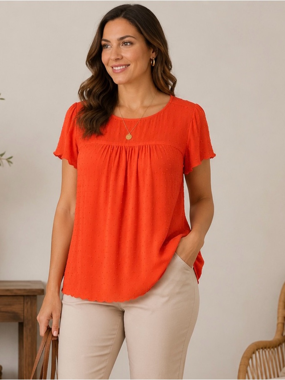 Maeve Anthropologie Top Orange Swiss Dot Pull on Blouse Cap Sleeve Scallop SZ 2